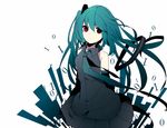  alternate_eye_color alternate_hairstyle aqua_hair arm_behind_back bad_id bad_pixiv_id detached_sleeves hair_between_eyes hatsune_miku long_hair looking_at_viewer miniskirt necktie number pleated_skirt red_eyes side_ponytail skirt sleeveless solo tapa vocaloid wind 