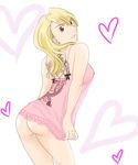  ass back bare_shoulders blonde_hair breasts brown_eyes earrings fullmetal_alchemist heart jewelry lingerie long_hair looking_at_viewer nipples nude riza_hawkeye scar see-through simple_background solo standing tattoo underwear white_background 