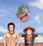  2boys bandanna blue_sky brother brothers fish jewelry jolly_roger male male_focus monkey_d_luffy multiple_boys muscle necklace ocean one_piece outdoors pirate portgas_d_ace sharp_teeth shirt siblings sky smile t-shirt topless 