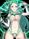  arm_up bodysuit breasts copyright_name elbow_gloves gloves green_hair groin hair_ornament junketsu_duelion kanzaki_mahiru looking_at_viewer mecha_musume medium_breasts navel official_art red_eyes remana revealing_clothes see-through solo translated 