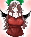  bare_shoulders black_wings bow breast_hold breasts brown_hair crossed_arms hair_bow han_(jackpot) huge_breasts long_hair looking_at_viewer naked_sweater off_shoulder reiuji_utsuho ribbed_sweater simple_background sketch smile solo sweater touhou very_long_hair wings 