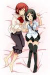  barefoot black_hair bob_cut breasts brown_eyes capri_pants cleavage dakimakura fate/zero fate_(series) full_body genderswap genderswap_(mtf) green_eyes marimo_danshaku medium_breasts multiple_girls necktie open_clothes open_shirt pants red_hair sensha_otoko shirt short_hair sola-ui_nuada-re_sophia-ri thighhighs waver_velvet yellow_eyes 