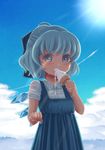  bad_id bad_pixiv_id blue_hair bow cirno cloud day detached_wings eating food hair_bow highres ice ice_cream ice_wings jeolchwiseon_(dotted_line) short_hair short_sleeves sky solo sun sweat touhou wings 