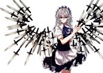  apron asagi_(kabocha_oukoku) braid floating floating_object highres izayoi_sakuya knife maid maid_headdress red_eyes scan short_hair short_sleeves silver_hair solo touhou twin_braids 