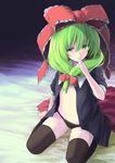  alternate_costume black_legwear black_panties bow clothes_removed frills front_ponytail green_eyes green_hair hair_bow hair_ornament hair_ribbon hand_to_own_mouth kagiyama_hina lefthand long_hair looking_at_viewer navel open_clothes open_shirt panties ribbon shirt sitting solo thighhighs touhou underwear wariza 