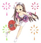  bike_shorts bow brown_hair fan fox_mask hadanugi_dousa hair_bow idolmaster idolmaster_(classic) idolmaster_1 long_hair maro_nie mask matsuri-da_wasshoi_(idolmaster) minase_iori open_mouth paper_fan sarashi simple_background solo stuffed_animal stuffed_bunny stuffed_toy tabi uchiwa 