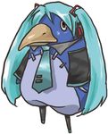  black_eyes blue_hair detached_sleeves disgaea gotoutakafumi hatsune_miku long_hair long_sleeves makai_senki_disgaea nippon_ichi no_humans parody prinny simple_background solo stitches stuffed_animal stuffed_penguin stuffed_toy twintails very_long_hair vocaloid white_background 