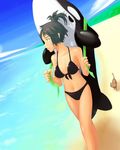  artist_request beach bikini black_hair carrying cat copyright_request day inflatable_orca inflatable_toy lowres outdoors solo source_request sport swimsuit walking 