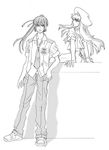  1girl artist_request bangs beret blunt_bangs floating_hair greyscale hand_on_hip hat long_hair looking_at_viewer macross macross_frontier monochrome necktie pants ponytail saotome_alto sheryl_nome shoes sidelocks sitting sneakers standing very_long_hair wall wind 