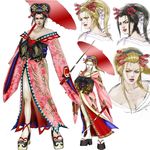  artist_request black_hair blonde_hair breasts cleavage hair_ornament japanese_clothes medium_breasts obi oiran oriental_umbrella platform_footwear sandals sash setsuka soulcalibur sword umbrella weapon 