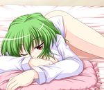  bed bococho green_hair kazami_yuuka lying naked_shirt on_stomach one_eye_closed pillow red_eyes shirt short_hair solo touhou 