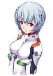  ayanami_rei blue_hair blush bodysuit brooch closed_mouth gem headgear jewelry looking_at_viewer neon_genesis_evangelion plugsuit short_hair silver_hair simple_background smile solo upper_body waku white_background white_bodysuit 