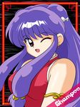  ;d armlet bangs bare_shoulders blunt_bangs character_name china_dress chinese_clothes dress eyebrows_visible_through_hair kj_(k777) long_hair looking_at_viewer one_eye_closed open_mouth purple_eyes purple_hair ranma_1/2 red_dress shampoo_(ranma_1/2) sidelocks sleeveless sleeveless_dress smile solo very_long_hair 