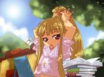  adjusting_hair blonde_hair blue_sky blush book_stack cloud collar dappled_sunlight day evangeline_a_k_mcdowell frills hair_ribbon hairdressing haruka_shiya long_hair looking_at_viewer mahou_sensei_negima! mouth_hold outdoors ponytail puffy_short_sleeves puffy_sleeves red_eyes ribbon short_sleeves sky solo sun sunlight tying_hair upper_body 