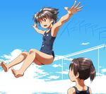  armpits barefoot chain-link_fence commentary day feet fence flat_chest foreshortening hands jumping multiple_girls niconico noroi_no_yakata one-piece_swimsuit original outdoors outstretched_arms ponytail pool poolside school_swimsuit shouting spread_arms swimsuit translated ttomm 