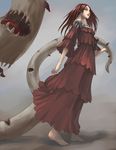  arm_at_side bare_shoulders barefoot claymore dress dripping from_below full_body holding layered_dress luciela off_shoulder parted_lips red_dress red_hair red_lips saliva sharp_teeth silver_eyes solo tea_(nakenashi) teeth tentacles tongue twintails walking 