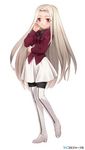  albino boots fate/tiger_colosseum fate/zero fate_(series) hirai_yukio irisviel_von_einzbern long_hair miniskirt pantyhose red_eyes skirt solo thigh_boots thighhighs very_long_hair white_footwear white_hair white_skirt 