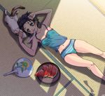  armpits bad_id bad_pixiv_id black_hair camisole cat fan flower food from_above fruit green_eyes lying midriff namisaki_yuka navel on_back original panties paper_fan popsicle shade short_hair solo striped striped_panties sunflower tatami testicles thighs tupet uchiwa underwear watermelon wind_chime 