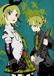  1girl bad_id bad_pixiv_id blonde_hair blue_eyes brother_and_sister guitar instrument kagamine_len kagamine_rin microphone siblings skirt thighhighs tobi_(kotetsu) tongue twins vocaloid 