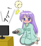  artist_request blush controller embarrassed hiiragi_kagami lucky_star pajamas purple_hair remote_control solo sweatdrop television 