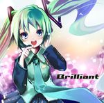 blue_eyes green_hair hair_ribbon hand_on_ear hatsune_miku long_hair looking_at_viewer necktie open_mouth ribbon sho_(runatic_moon) smile solo twintails vocaloid 