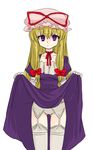  bad_id bad_pixiv_id blonde_hair garter_belt hair_ribbon hat niji_(nijioki) panties purple_eyes ribbon skirt skirt_lift solo thighhighs touhou underwear yakumo_yukari 