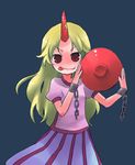  :p blonde_hair chain cup horn hoshiguma_yuugi ica long_hair looking_at_viewer lowres sakazuki solo tongue tongue_out touhou 