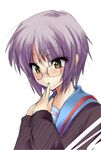 bangs glasses kita_high_school_uniform masayu nagato_yuki purple_hair school_uniform short_hair solo suzumiya_haruhi_no_yuuutsu 