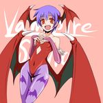  animal_print bat_print copyright_name covered_navel fangs flat_chest head_wings leotard lilith_aensland n_(ruff) pantyhose print_legwear purple_hair purple_legwear red_eyes red_leotard short_hair solo vampire_(game) wings 