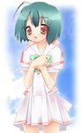  ahoge blush chorososu green_hair macross macross_frontier ranka_lee red_eyes school_uniform serafuku short_hair skirt 