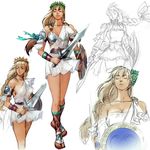  armor armored_dress artist_request bare_shoulders belt blonde_hair braid breastplate closed_eyes collarbone concept_art hair_ornament kneehighs long_hair low-tied_long_hair sandals shield sophitia_alexandra soulcalibur sword weapon 