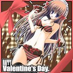  arin bikini blue_eyes brown_hair chocolate diagonal_stripes happy_valentine heart long_hair pangya solo stem striped striped_bikini swimsuit thighhighs valentine 