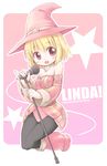 bare_shoulders blonde_hair blush detached_sleeves emurin fantasy_earth_zero hat microphone microphone_stand pantyhose pink pink_background red_eyes short_hair solo witch_hat 