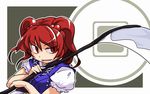 blue_dress dress evil_smile holding holding_weapon iyau looking_to_the_side onozuka_komachi puffy_short_sleeves puffy_sleeves red_eyes red_hair scythe short_hair short_sleeves smile solo touhou two_side_up weapon 