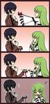  1girl 4koma black_hair bow c.c. chocolate code_geass comic eighth_note green_hair jacket lelouch_lamperouge long_hair long_sleeves mizunomoto musical_note open_mouth purple_eyes ribbon sidelocks silent_comic straitjacket valentine yellow_eyes 