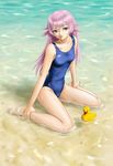  barefoot beach blue_eyes competition_swimsuit copyright_request covered_nipples day feet flat_chest long_hair one-piece_swimsuit outdoors pink_hair rasukaru rubber_duck sitting solo swimsuit wariza water 