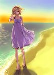  alice_margatroid barefoot beach dress expressionless hand_in_hair matilda no_panties ocean outdoors see-through_silhouette solo sundress sunset touhou walking water wind 