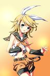  blonde_hair breasts detached_sleeves hair_ornament hairclip headphones ka2 kagamine_rin midriff navel short_hair shorts sideboob small_breasts solo vocaloid 