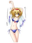  alice_margatroid arm_up arms_behind_head bikini blonde_hair blue_bikini blue_eyes cowboy_shot danshaku front-tie_top groin hairband navel one_eye_closed short_hair side-tie_bikini simple_background solo stretch swimsuit thigh_gap touhou towel towel_around_neck white_background 