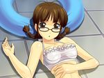  akizuki_ritsuko bikini braid brown_eyes brown_hair glasses idolmaster idolmaster_(classic) idolmaster_live_for_you! innertube muhi11234 short_hair solo swimsuit twin_braids 