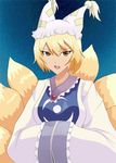  animal_ears blonde_hair blue_background fox_tail greave_(asterism) hands_in_opposite_sleeves hat long_sleeves pillow_hat short_hair solo tail tassel touhou wide_sleeves yakumo_ran 