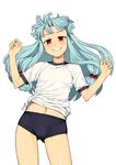  aqua_hair arms_up ass_visible_through_thighs bad_id bad_pixiv_id blue_hair breasts buruma covered_nipples cowboy_shot fingers floating_hair grin gym_uniform hair_bobbles hair_ornament hamada_yoshikazu hands highres kiriha_(tsugumomo) light_blue_hair long_hair navel official_art palms pointy_ears red_eyes shiny shiny_skin short_sleeves simple_background small_breasts smile solo tsugumomo white_background 