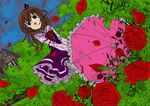  artist_request blue_eyes brown_hair flower petals rain rose solo umbrella umineko_no_naku_koro_ni ushiromiya_maria 