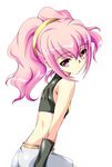  anya_alstreim back bare_shoulders code_geass gloves ka2 knights_of_the_round_uniform long_hair looking_back pink_eyes pink_hair shorts solo tank_top 