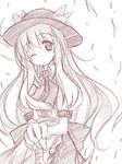  hands_on_hilt hat hinanawi_tenshi long_hair monochrome one_eye_closed pink sketch solo sword sword_of_hisou touhou weapon wince yumesato_makura 