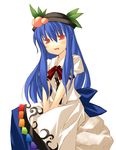  blue_hair blue_skirt blush bow bowtie food fruit hat hinanawi_tenshi long_hair looking_at_viewer nu_(plastic_eraser) peach puffy_short_sleeves puffy_sleeves rainbow_order red_bow red_eyes red_neckwear shirt short_sleeves simple_background skirt solo tareme touhou white_background white_shirt 