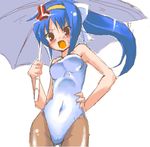  bad_id bad_pixiv_id bare_shoulders blue_hair copyright_request leotard long_hair lowres pantyhose paopao ponytail race_queen solo umbrella 