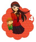  amagi_yukiko black_hair hairband long_hair lowres multiple_girls persona persona_4 pote_(uzzz) satonaka_chie school_uniform skirt yasogami_school_uniform 