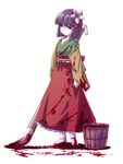  bangs blood bloody_clothes blunt_bangs bob_cut bucket calligraphy_brush expressionless flower hair_flower hair_ornament hieda_no_akyuu japanese_clothes kimono paintbrush purple_hair short_hair solo standing tdk touhou 