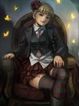  beatrice blonde_hair blue_eyes bug butterfly chair crossed_legs ekusa_takahito insect necktie official_art pink_neckwear sitting skirt socks solo striped striped_legwear thighhighs turn_of_the_golden_witch umineko_no_naku_koro_ni zettai_ryouiki 